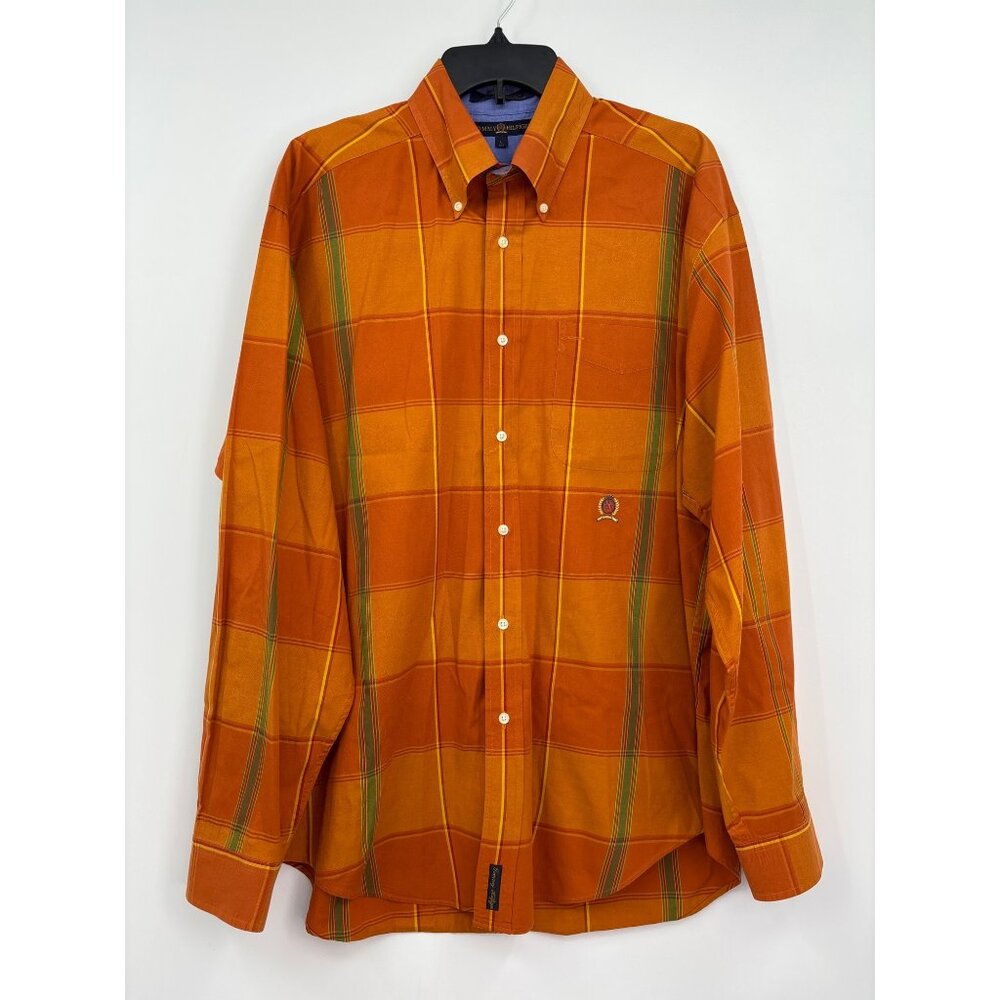 Tommy Hilfiger Mens Plaid Button Down Cotton Shirt Orange Large